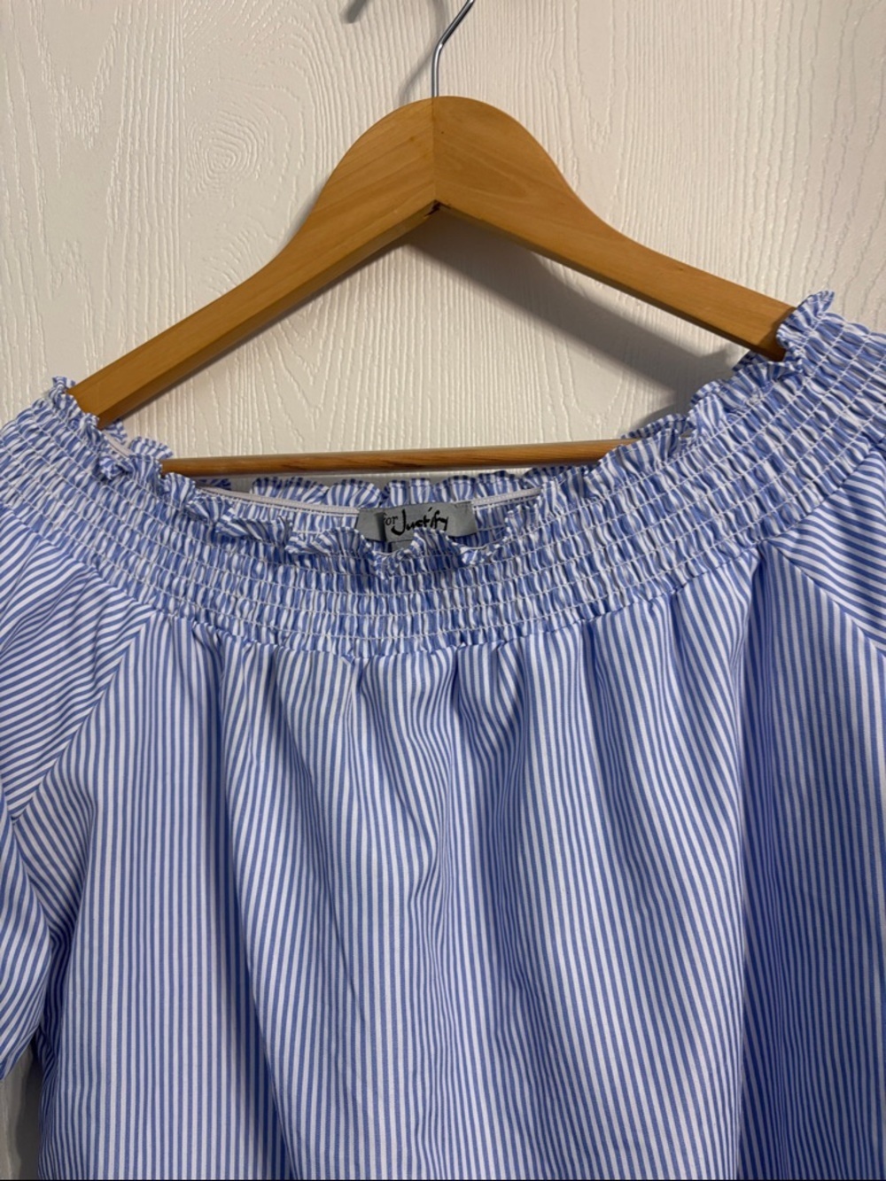 J for Justify Light Blue and White Striped Off-Shoulder Tie-Sleeve Top - Picture 5 of 8